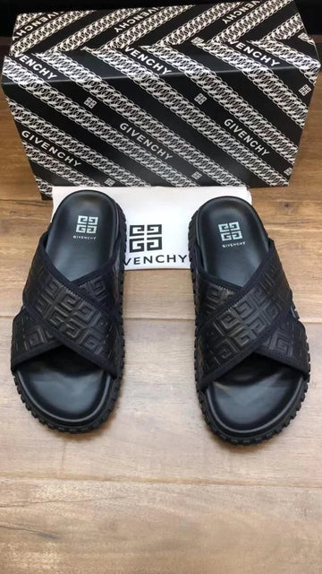 Givenchy Black Leather Embossed FF Logo Flat Sandals