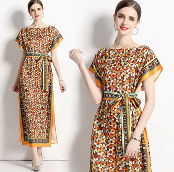 Print Lace Up Belt Split Holiday Long Robes