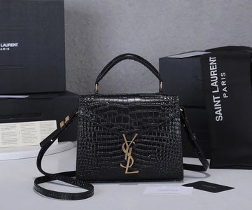 Saint Laurent Navy Crocodile-Embossed Mini Cassandra Top Handle Bag