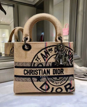 Lady Dior D-Lite Medium Embroidered Jute Dior-Union Beige Bag