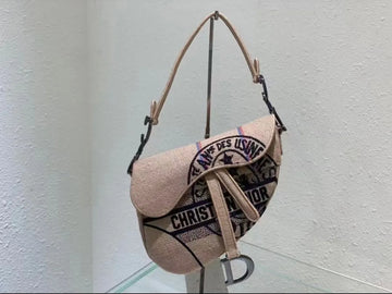 Christian Dior Beige Jute Canvas Embroidered Sadle Woven Bag