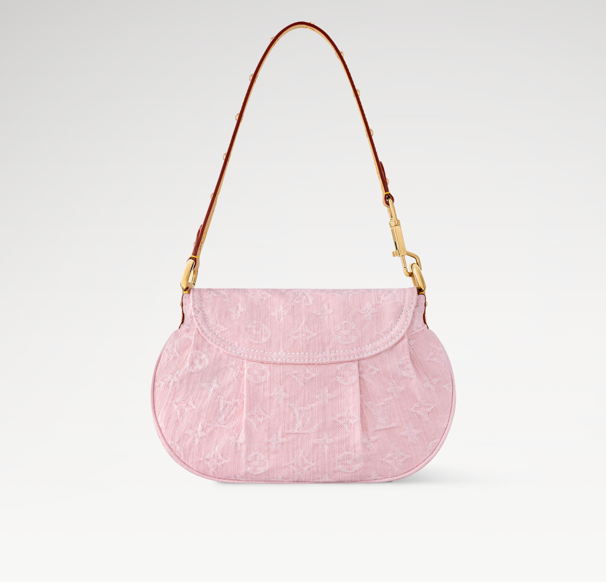 SUNSET 27 IN WASHED PINK MONOGRAM DENIM GOLD BUCKLE