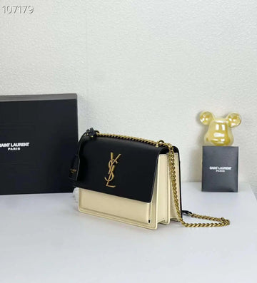 Saint Laurent Monogram Mini White & Black Leather Bag With Golden Chain