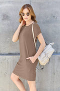 Basic Bae Full Size Solid Round Neck Short Sleeve Casual Loose Mini T-Shirt Dress with Side Pockets