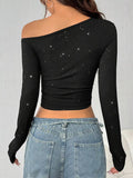 Glitter One-Shoulder Long Sleeve Crop T-Shirt