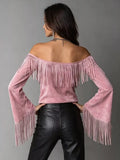 Full Size Fringed Off-Shoulder Flare Sleeve Top Plus Size