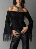 Full Size Fringed Off-Shoulder Flare Sleeve Top Plus Size