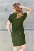Basic Bae Full Size Solid Round Neck Short Sleeve Casual Loose Mini T-Shirt Dress with Side Pockets