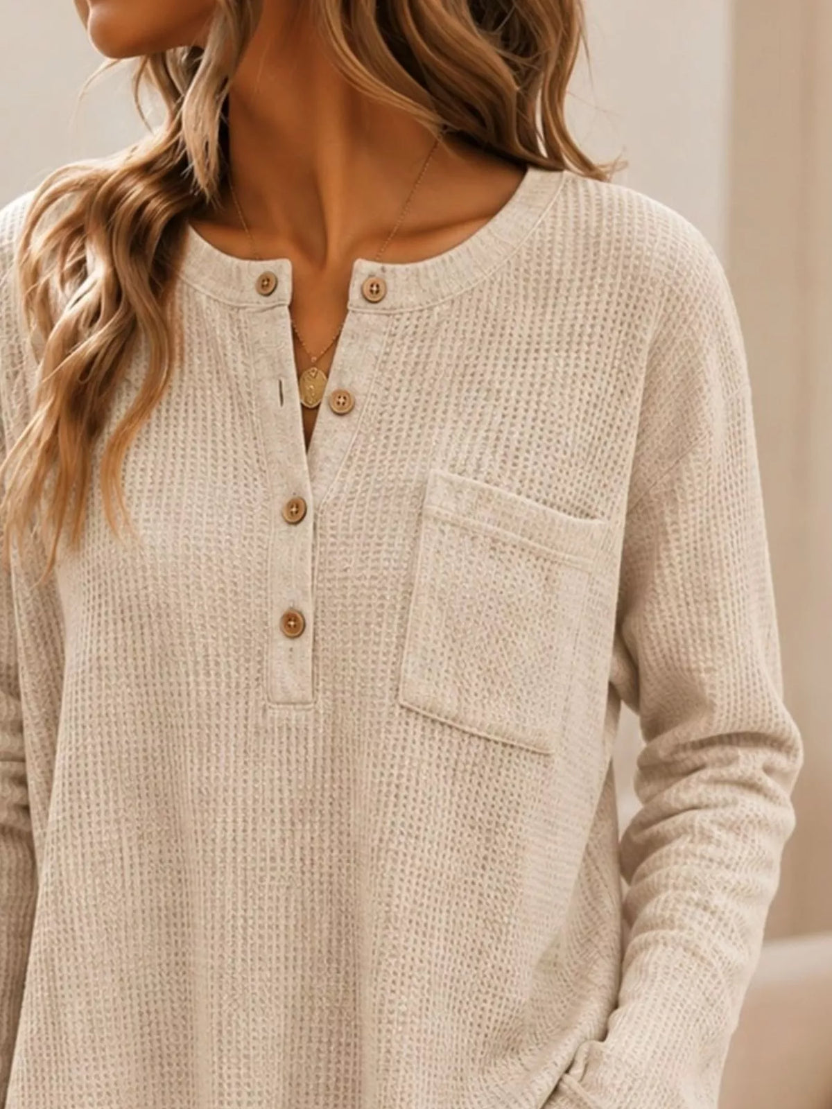 Waffle Knit Button Detail Top