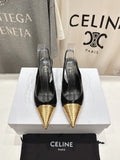 JUDY CAP TOE SLINGBACK 65MM IN BLACK SHINY CALFSKIN AND GOLD SNAKE EMBOSSED LEATHER