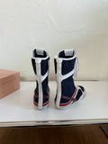 LACE-UP KNEE BOOTS IN BEIGE SUEDE AND NAVY MESH