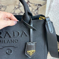 EMBROIDED LOGO SMALL HANDBAG 22 IN BLACK LINEN BLEND