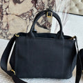 EMBROIDED LOGO LARGE HANDBAG 30 IN BLACK LINEN BLEND