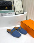 IENA MULE LAPIS CANVAS AND CARAMEL CALFSKIN