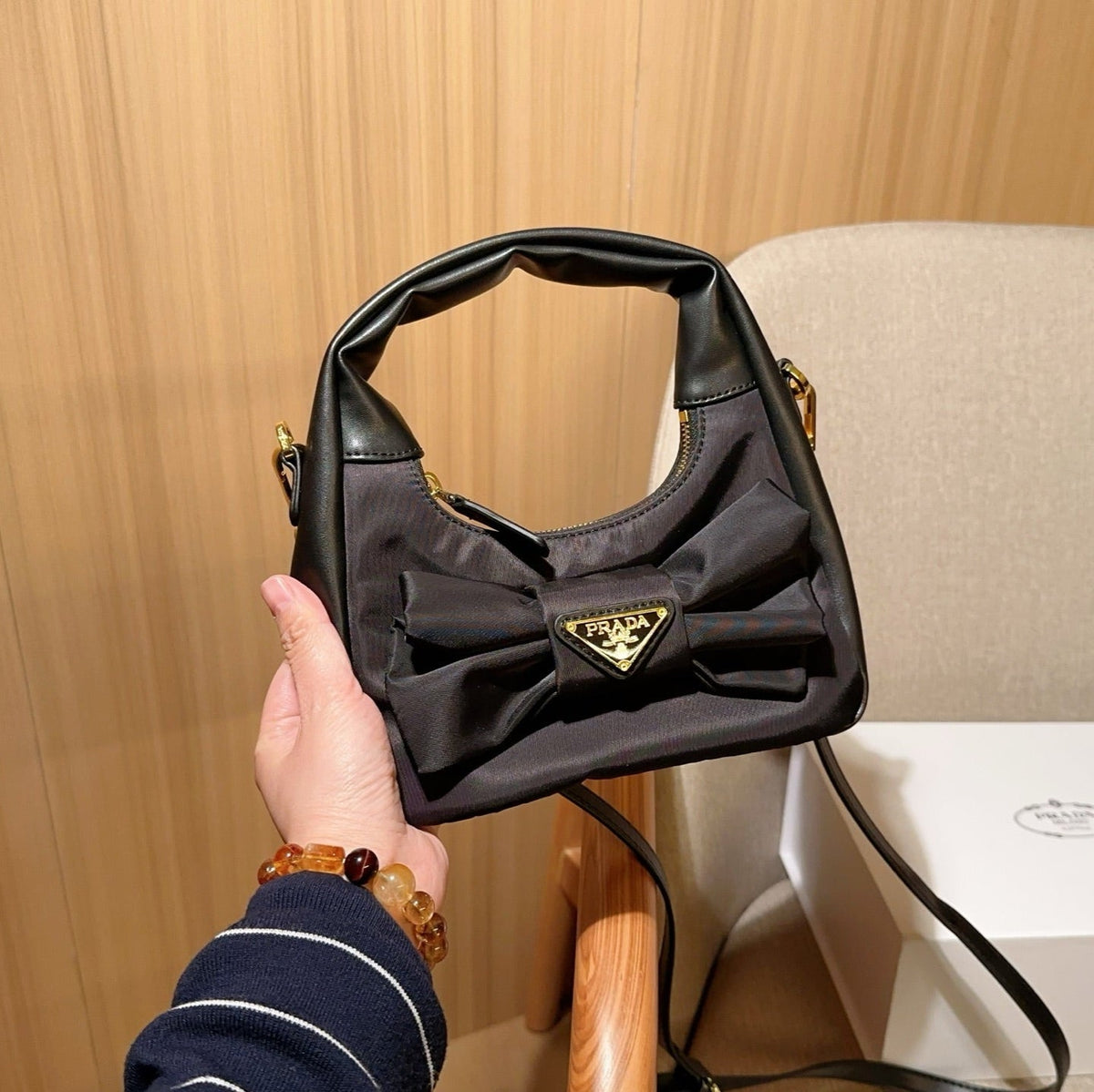 TESSUTO MINI BAG 20 IN BLACK RE-NYLON MIX CALFSKIN WITH BOW