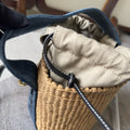 SMALL WOODY BASKET 17 IN NATURAL FIBERS BLUE DENIM BLACK CALFSKIN