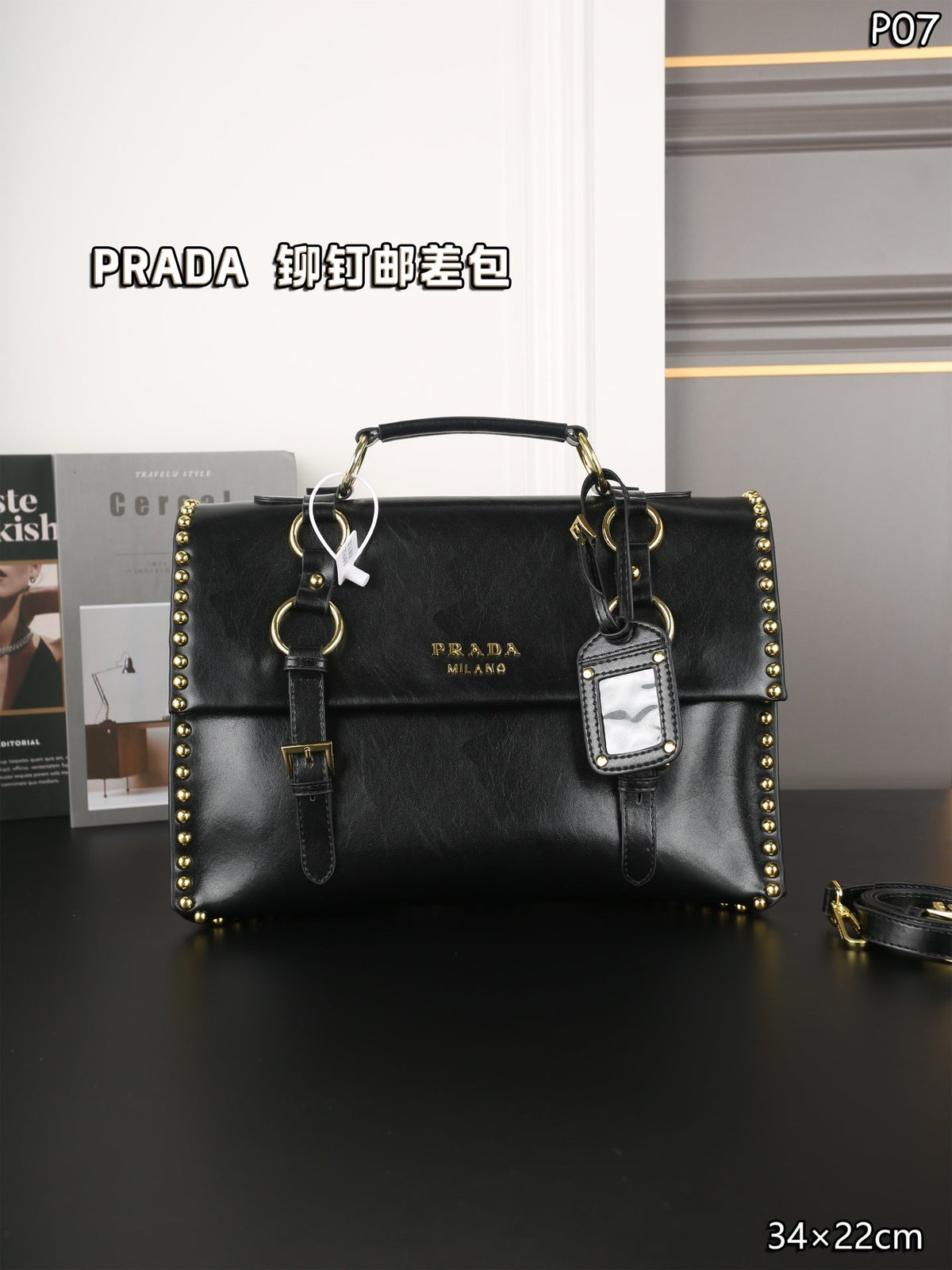 STUDDED BRIEFCASE 34 IN BLACK SHINY SMOOTH CALFSKIN