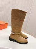 KNEE HIGH BOOTS IN CIDER BROWN SUEDE WITH SILVER BUCKLE