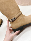 KNEE HIGH BOOTS IN CIDER BROWN SUEDE WITH SILVER BUCKLE