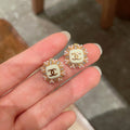 STUD EARRINGS SQUARE DOUBLE C IN GOLD METAL WHITE PEARL WHITE ENAMEL