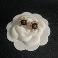STUD EARRINGS SQUARE DOUBLE C IN GOLD METAL WHITE PEARL BLACK ENAMEL