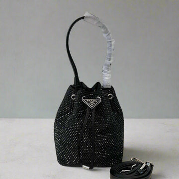 STUDDED BUCKET BAG 19 IN BLACK RE-NYLON MIX CALFSKIN