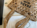 EMBROIDED LOGO TOTE BAG 32 IN BROWN WOVEN RAFFIA TRIANGLE PATTERN