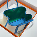 GARDEN PARTY 30CM IN WHITE TOILETS COTTON CANVAS AND BLUE CALFSKIN GREEN ON SIDE OTHER