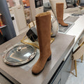 KNEE BOOTS WITH TRIANGLE LOGO IN CAMEL SUEDE