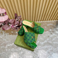 HORSEBIT SLIDE SANDAL IN FOREST GREEN MONOGRAM CANVAS AND SHEEPSKIN LINING