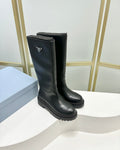 KNEE BOOTS WITH TRIANGLE LOGO IN BLACK CALFSKIN