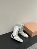 LACE-UP BOOTS IN BEIGE SUEDE AND WHITE MESH