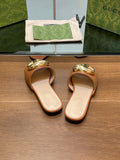 FLAT MULE IN BRONE BROWN CALFSKIN WITH GOLD HARDWARE