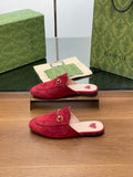 HORSEBIT MULE IN CHERRY RED SUEDE WITH GOLD HARDWARE
