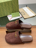 GG HORSEBIT MULE IN CHOCOLATE BROWN EMBOSSED SUEDE AND SHEEPSKIN LINING