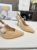 J'ADIOR SLINGBACK PUMP NATURAL RAFFIA AND BEIGE EMBROIDERED COTTON 10 CM