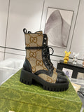 GG ANKLE BOOTS IN BEIGE MONOGRAM CANVAS AND BLACK SHEEPSKIN