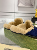 HORSEBIT MULE IN ROYAL BLUE SUEDE AND FLEECE LINING