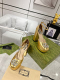 GG CRYSTALS PLATFORM PUMPS METALLIC GOLD CALFSKIN