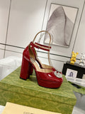 GG CRYSTALS PLATFORM PUMPS SCARLET CALFSKIN