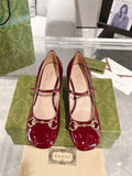 HORSEBIT MARY JANE HEEL IN CRIMSON RED CALFSKIN GOLD HARDWARE