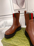 GG ANKLE BOOTS WITH WEB IN CINNAMON BROWN CALFSKIN AND FABRIC