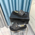 KNIT SLIPPERS IN BLACK WOVEN SATIN AND SHEEPSKIN