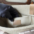 SMALL WOODY TOTE BAG 26.5 IN BEIGE LINEN CANVAS LIGHT PINK WEBBING LOGO EMBROIDERY