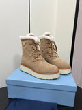 LACE-UP ANKLE BOOTS IN TAN BEIGE SUEDE AND SHEARLING LINING