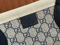 TOTE BAG PRINTED LOGO 41.5 IN WHITE CANVAS DARK BLUE CALFSKIN