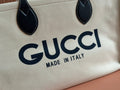 TOTE BAG PRINTED LOGO 41.5 IN WHITE CANVAS DARK BLUE CALFSKIN