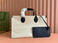 TOTE BAG PRINTED LOGO 41.5 IN WHITE CANVAS DARK BLUE CALFSKIN