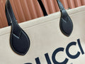 TOTE BAG PRINTED LOGO 41.5 IN WHITE CANVAS DARK BLUE CALFSKIN