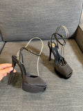 LA SCANDALE PLATFORM SANDALS IN TAUPE BROWN SATIN